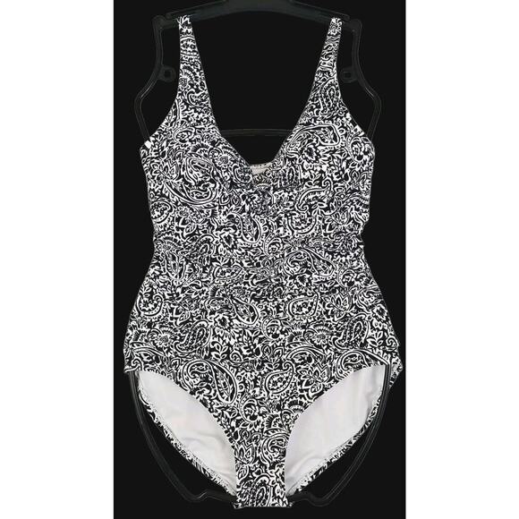 Lands' End ~Woman Size M~ White/Black Floral Print V-Neck One Piece Swimsuit. - Picture 1 of 13